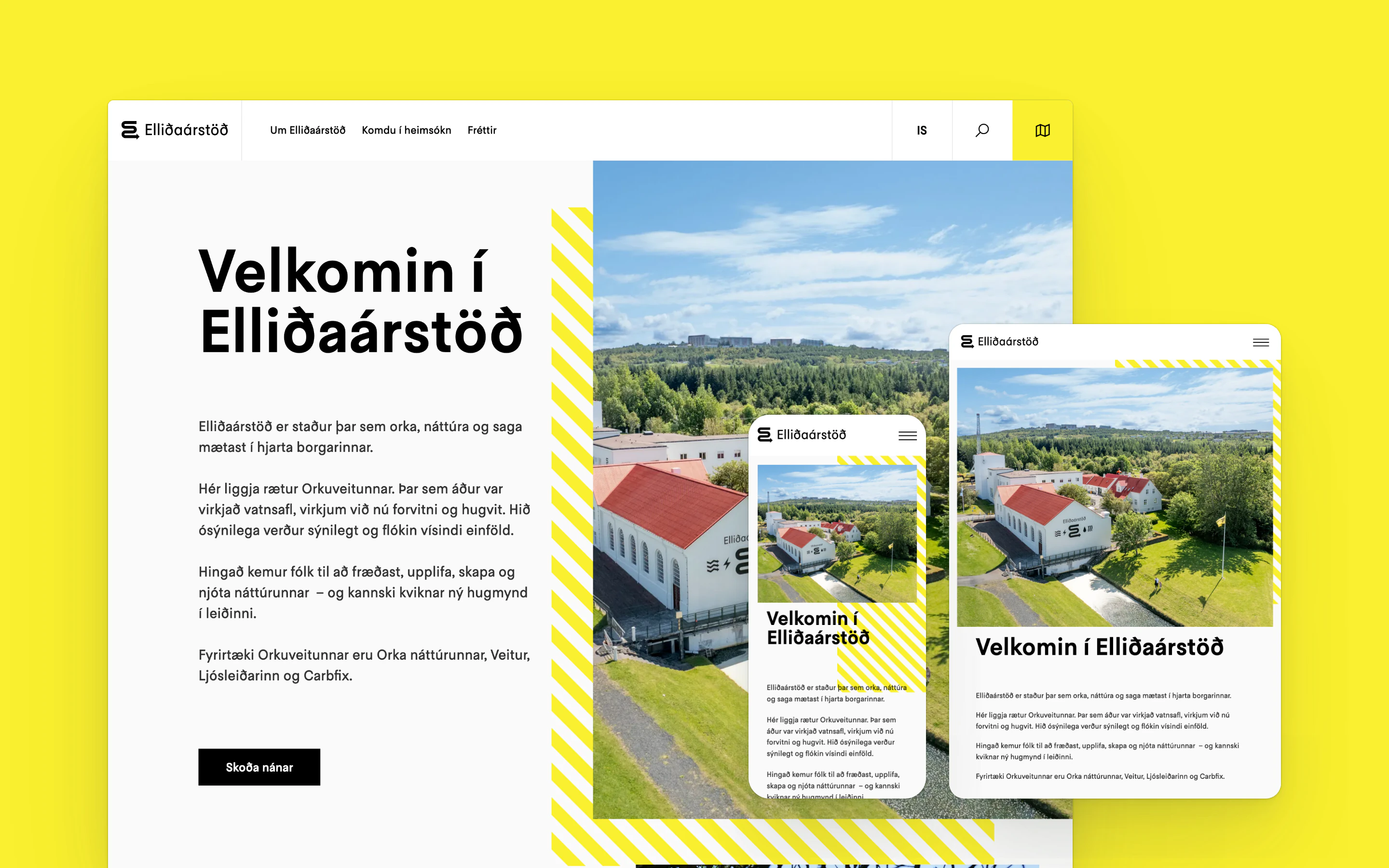 Elliðaárstöð's homepage shown at three widths, overlapping on a bright yellow backdrop. The desktop view carries a top menu with links, language toggle, search and map icons, the heading "Velkomin í Elliðaárstöð", several short paragraphs and a black button. Beside it, an aerial photo of the red-roofed station among trees sits behind yellow diagonal stripes, repeated on tablet and phone.