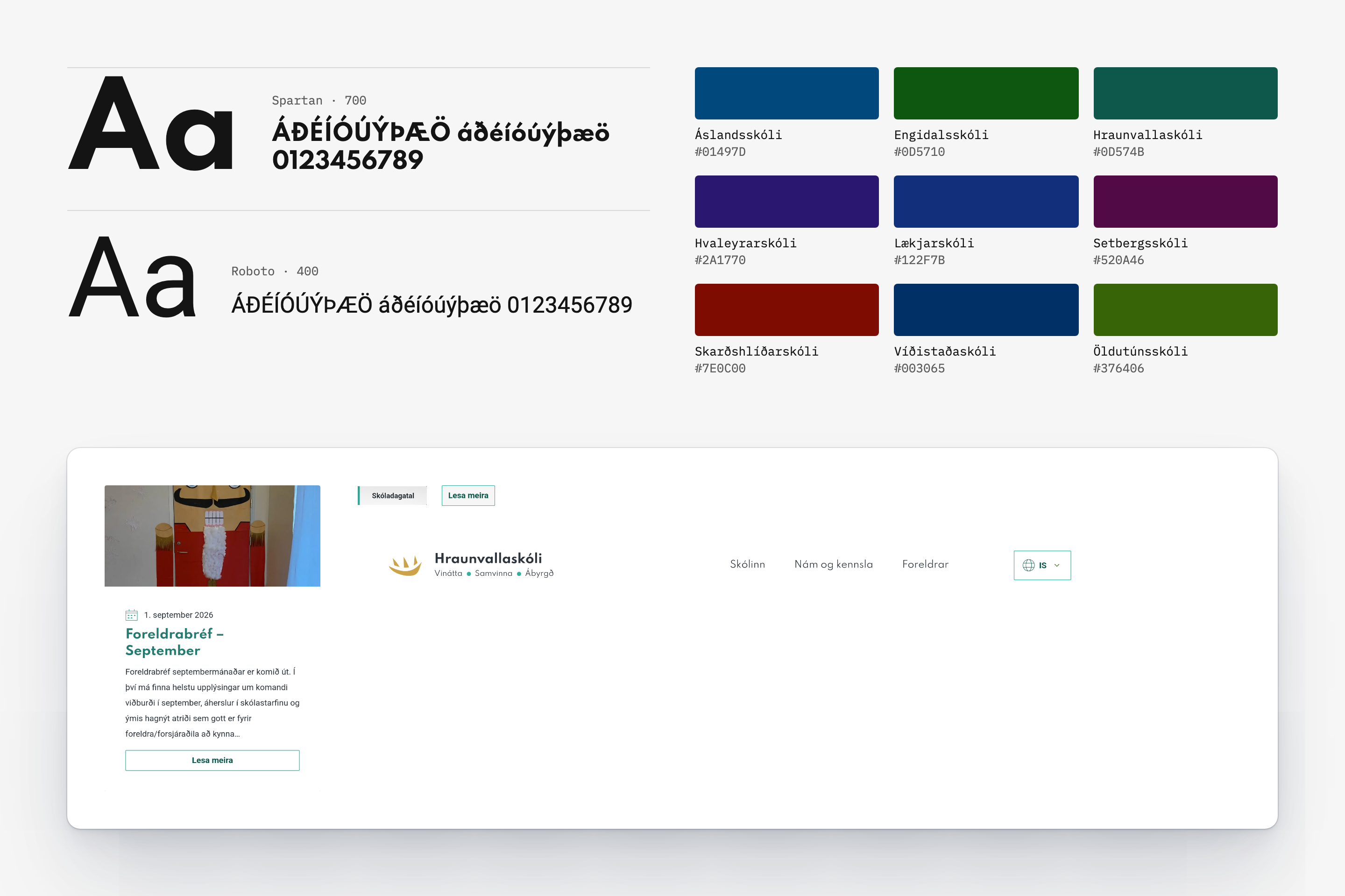 A design system sheet for Grunnskólar Hafnarfjarðar. Two typeface specimens at top left show Spartan 700 and Roboto 400 with accented Icelandic letters and numerals. To the right, nine colour swatches list school names and hex codes, from Áslandsskóli to Öldutúnsskóli. Underneath, homepage components appear: a logo, navigation links, buttons and a news card dated 1. september 2026.
