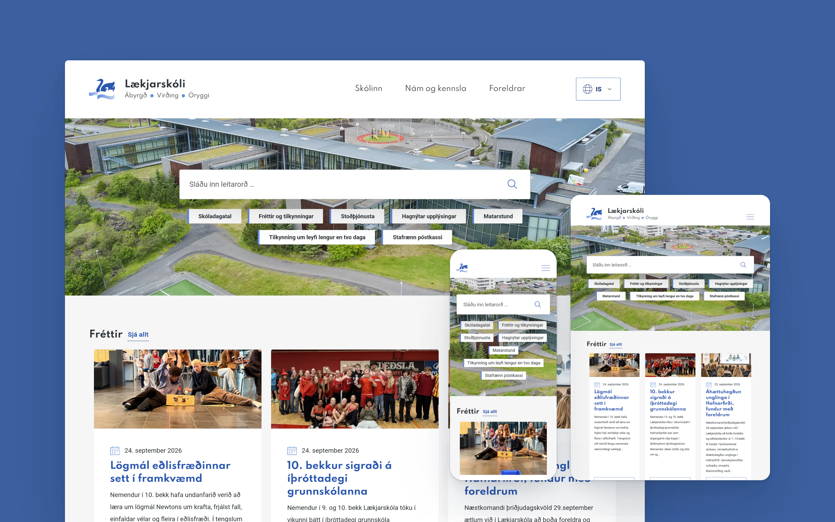 Lækjarskóli's site for Grunnskólar Hafnarfjarðar appears on desktop, tablet and phone, overlapping on a blue background. The desktop shows a logo, menu links and language switch above an aerial photo of the school with a search field and quick links. Below, a "Fréttir" row lists dated articles with photos of pupils. The smaller screens repeat it with a hamburger menu.
