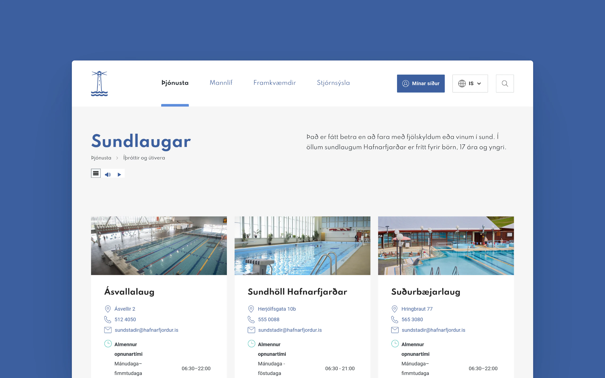 A desktop screenshot of the Hafnarfjörður municipal website's swimming pools page, laid on a flat blue background. A lighthouse logo sits beside menu items for Þjónusta, Mannlíf, Framkvæmdir and Stjórnsýsla, with a user login button, language selector and search. Below the heading "Sundlaugar" and breadcrumbs, three cards show pool photographs with addresses, phone numbers, email and opening hours.