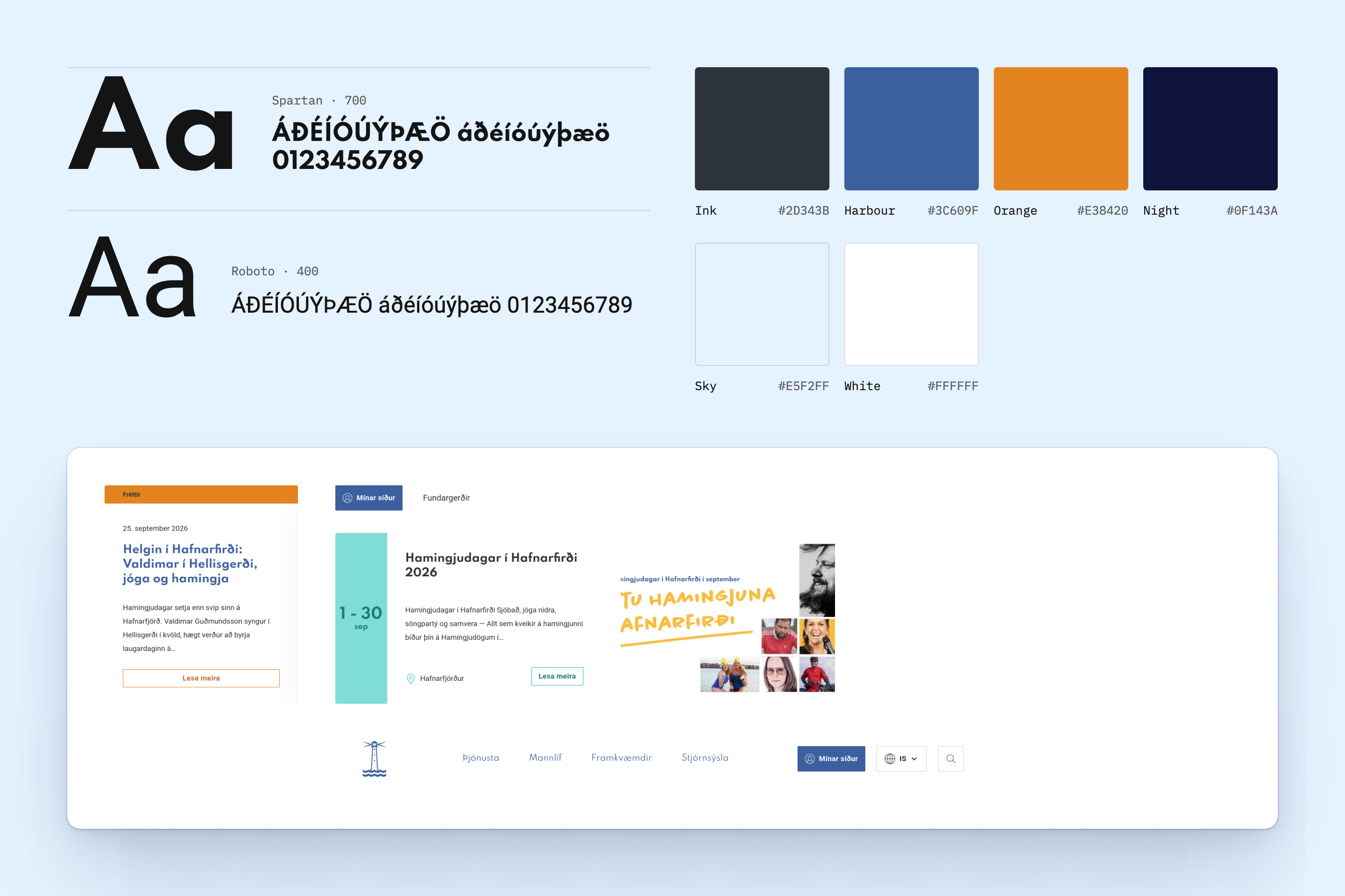 A design system sheet on pale blue. Top left shows two type specimens, Spartan 700 and Roboto 400, with accented Icelandic characters and numerals. At right sit six colour swatches labelled Ink, Harbour, Orange, Night, Sky and White with hex codes. Below, a white panel gathers Hafnarfjörður homepage components: a news card, an event card and the lighthouse navigation bar.