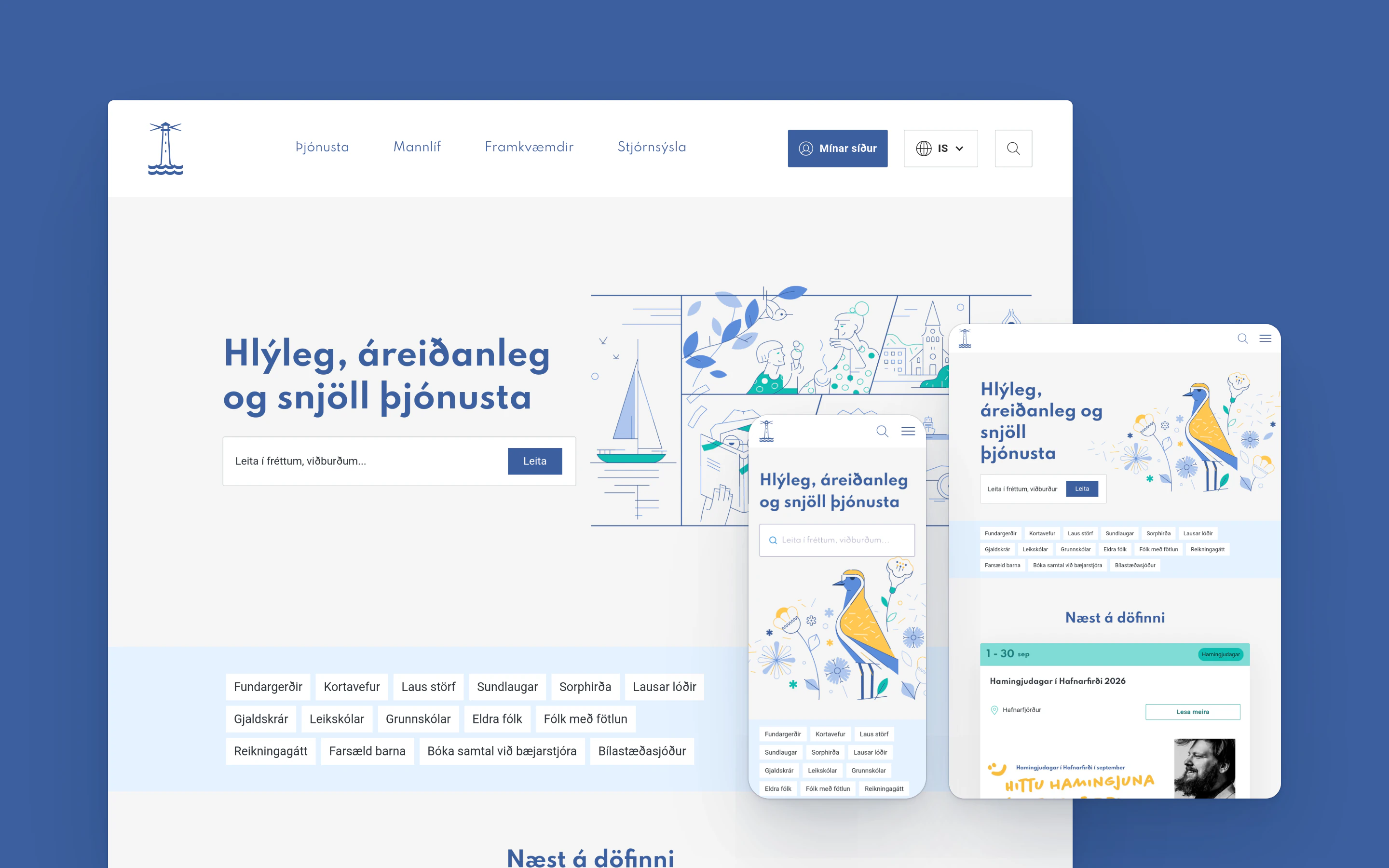 Hafnarfjörður's homepage displayed across three overlapping screens on a blue background. The desktop view shows a lighthouse mark, a menu, the heading "Hlýleg, áreiðanleg og snjöll þjónusta", a search field, line illustrations of a harbour town and rows of quick links such as Sundlaugar and Leikskólar. Phone and tablet views repeat these with a bird illustration and an events listing.