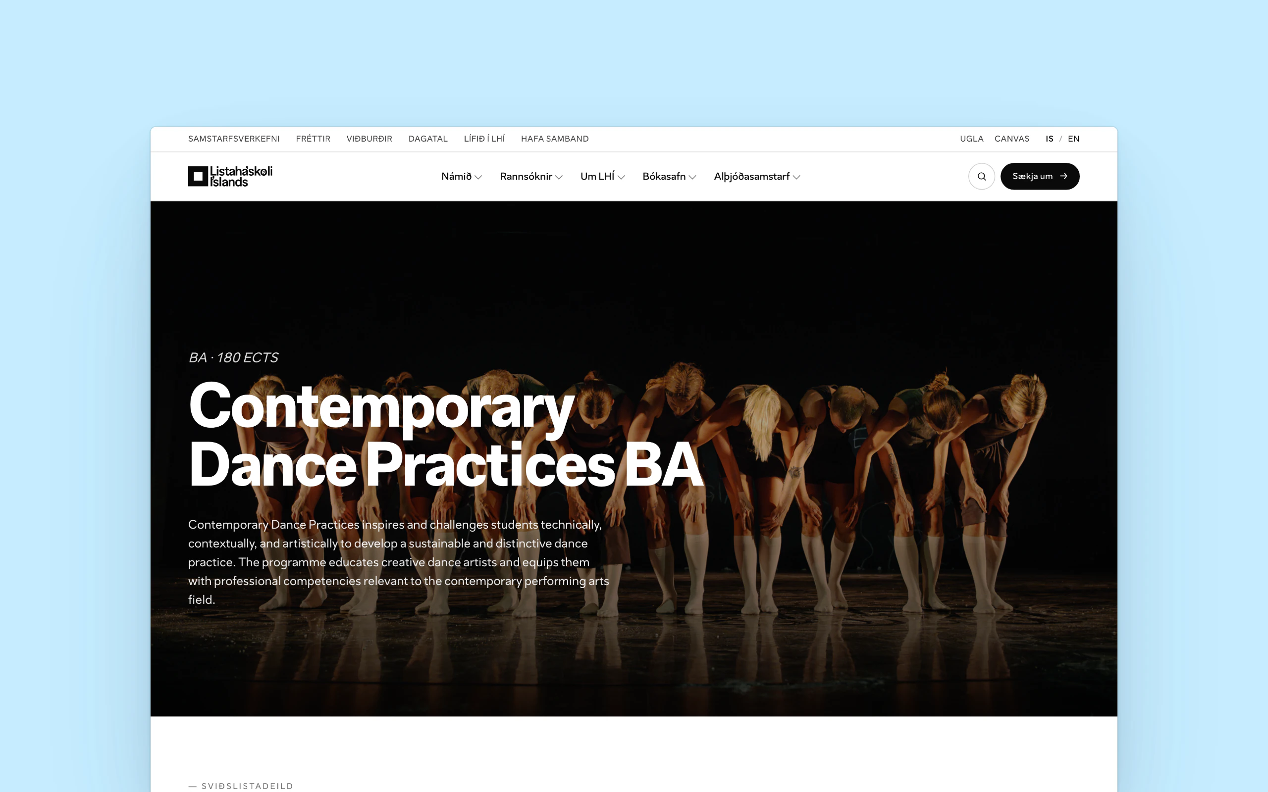 A desktop screenshot of the Contemporary Dance Practices page for Listaháskóli Íslands on a pale blue background. A slim top bar lists UGLA, CANVAS and IS/EN; below sit the logo, menu items like Námið and Rannsóknir, and a black "Sækja um" button. The dark hero photo shows dancers bowing in a row behind the white heading and a short description.