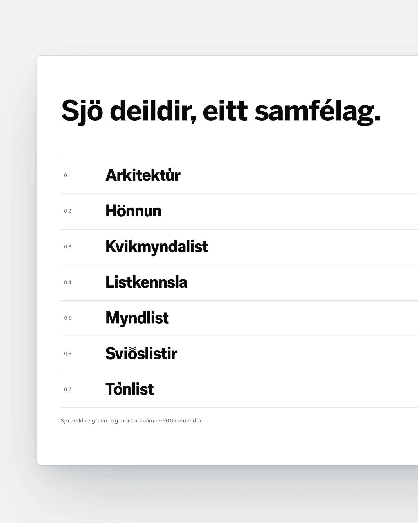 Close crop of the Listaháskóli Íslands homepage, shown as a white panel with a soft shadow on a pale background. A bold heading reads "Sjö deildir, eitt samfélag." Below it, seven rows separated by hairlines list the departments, each numbered in small grey type, with a short line of fine print underneath about programmes and student numbers.