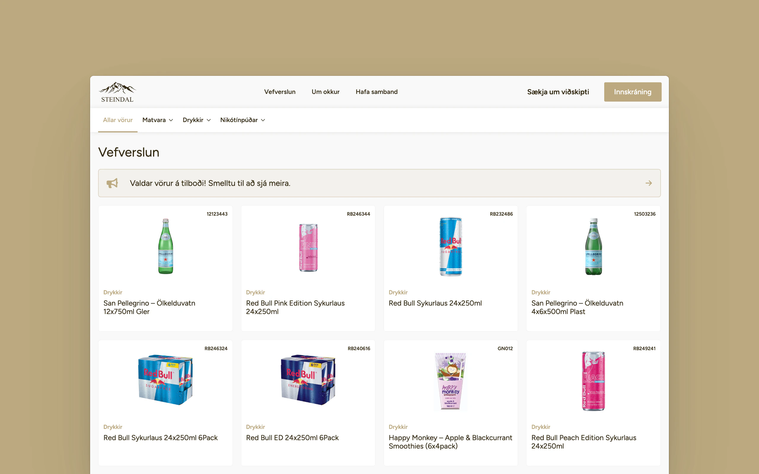 Desktop view of the Steindal web shop page on a sand-coloured background. A mountain logo sits top left beside menu links and a login button, with category tabs below. Under the heading, a banner about offers precedes a grid of product cards showing San Pellegrino bottles, Red Bull cans and multipacks, and Happy Monkey smoothies, each with an item number.