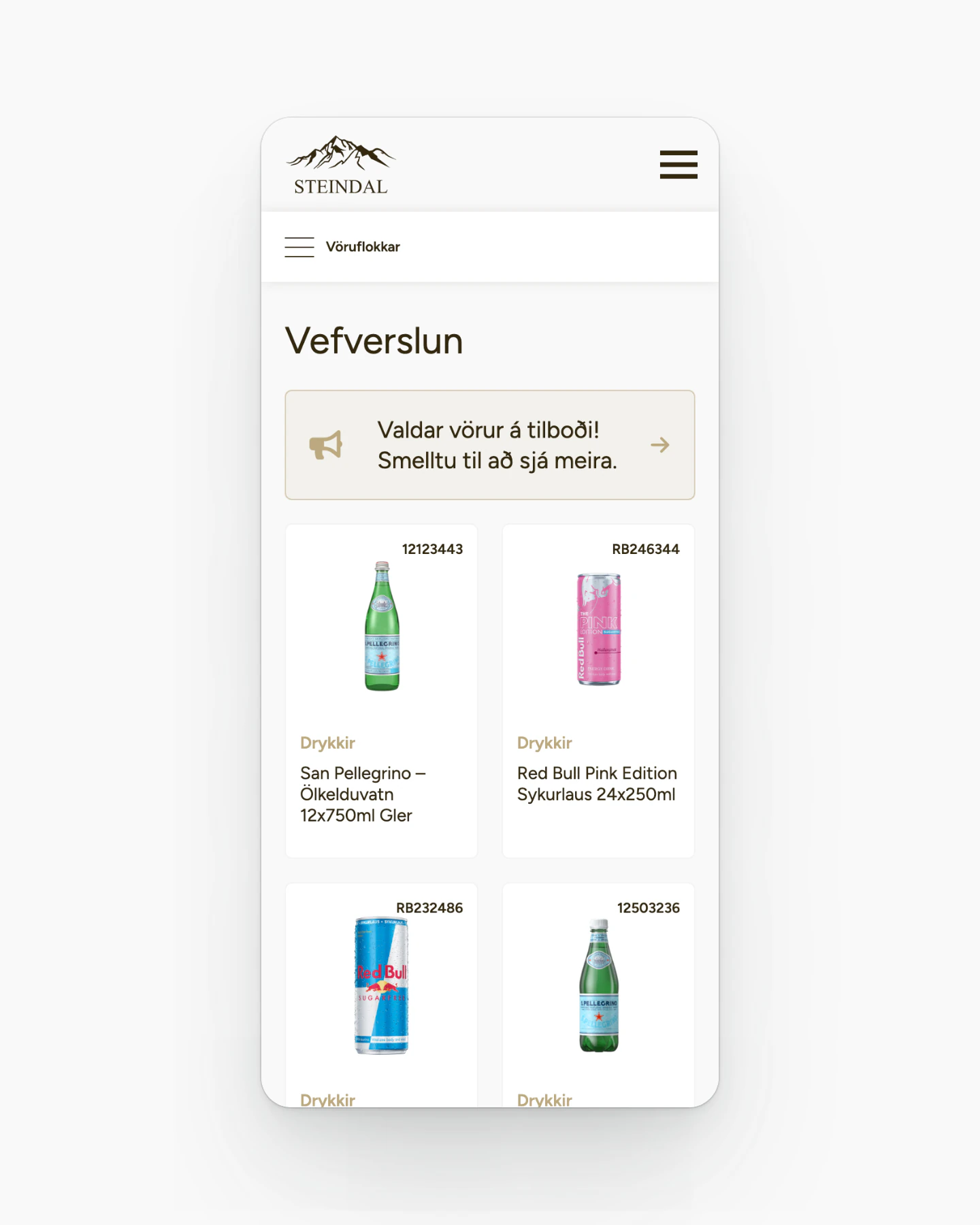 A phone on a pale grey background displays the Steindal online shop, with a mountain logo, hamburger menu and a category bar at the top. Below the heading "Vefverslun" sits a light banner with a megaphone icon linking to offers, followed by a two-column grid of product cards showing item numbers, San Pellegrino bottles and Red Bull cans.